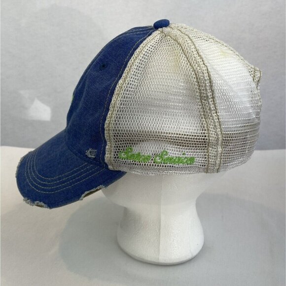 Distressed Blue Denim White Mesh Trucker Hat Green Leaf Embroidery Adjustable Ba - Picture 6 of 8